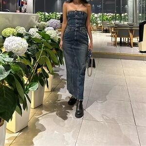 Zara Blue Denim Strapless Maxi Dress